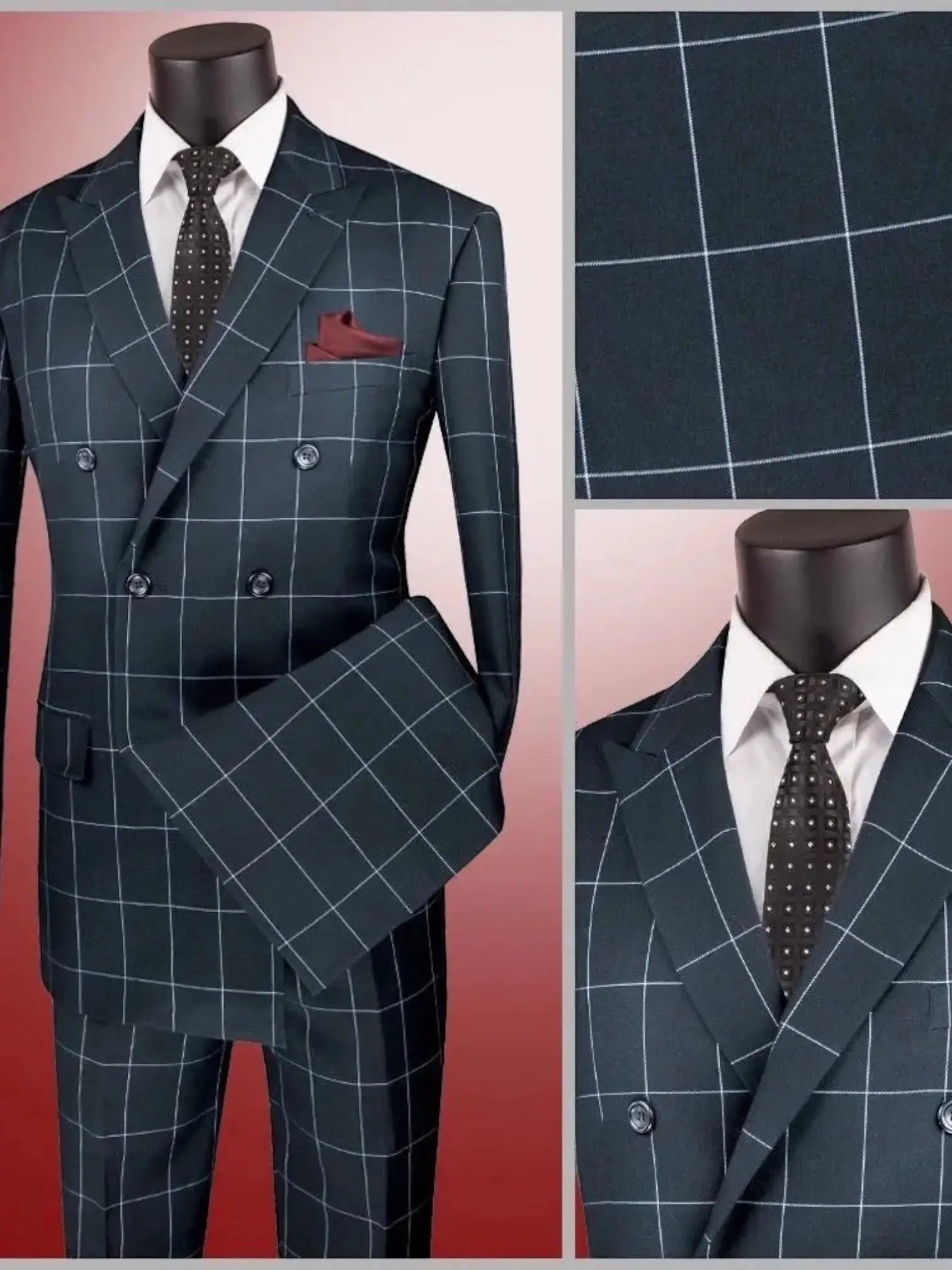M & R Clothing modern fit double-breasted suit in dark navy with a white window pane pattern and peak lapels.