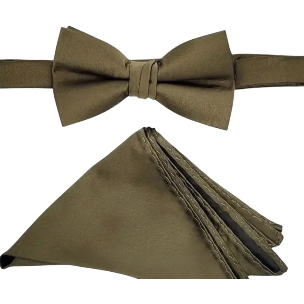 M & R Clothing Stacy Adams solid olive green satin bowtie and matching pocket square set for formal wear