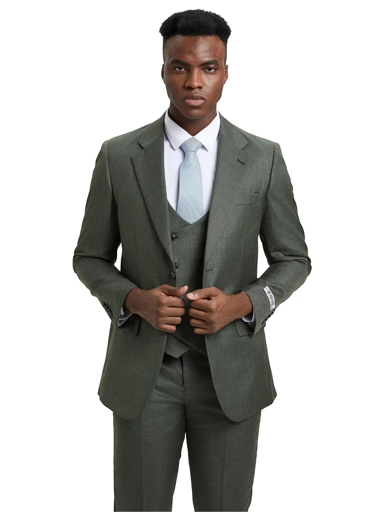 Model wearing a M & R Clothing Stacy Adams olive green sharkskin 3-piece suit with a matching vest and light tie.