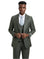 Model wearing a M & R Clothing Stacy Adams olive green sharkskin 3-piece suit with a matching vest and light tie.