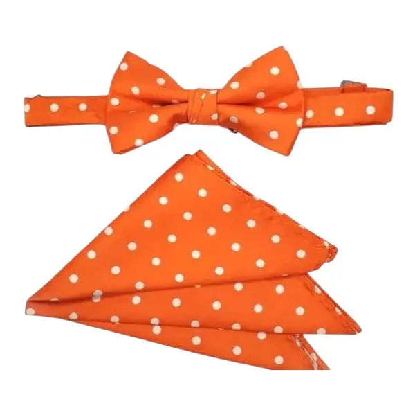 M & R Clothing Stacy Adams orange polka dot pre-tied bow tie and matching pocket square set for formal wear