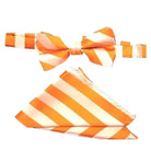 M & R Clothing Stacy Adams orange and white diagonal stripe pre-tied bow tie and matching pocket square set