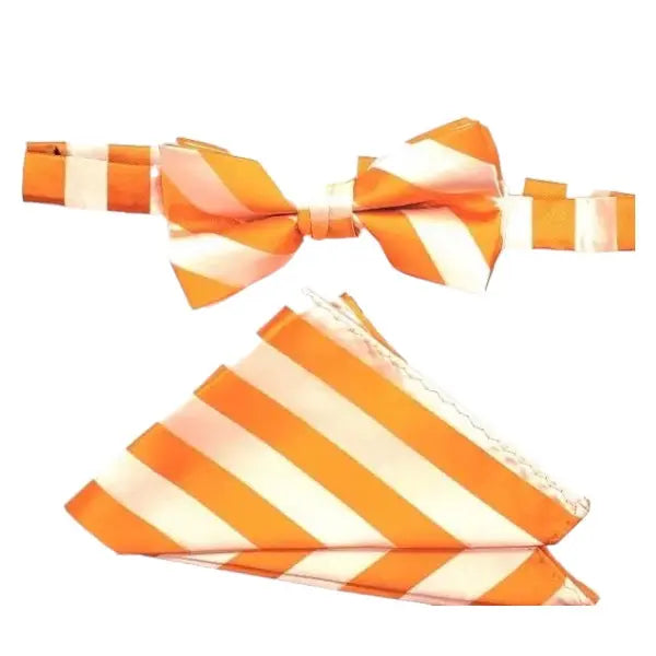 M & R Clothing Stacy Adams orange and white diagonal stripe pre-tied bow tie and matching pocket square set