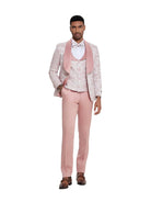 M & R Clothing 3-piece pink floral jacquard tuxedo with satin shawl lapel, waistcoat, and tailored trousers on a model