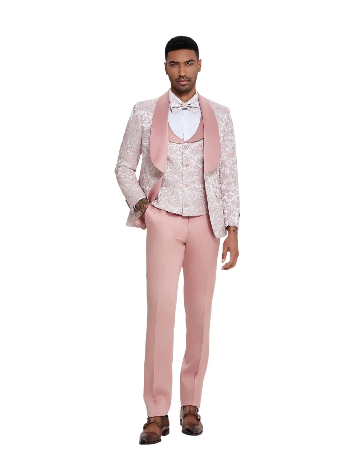 M & R Clothing 3-piece pink floral jacquard tuxedo with satin shawl lapel, waistcoat, and tailored trousers on a model