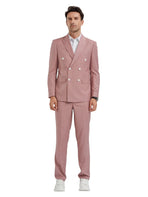 M & R Clothing pink pinstripe slim fit double-breasted suit with peak lapels worn by a male model.