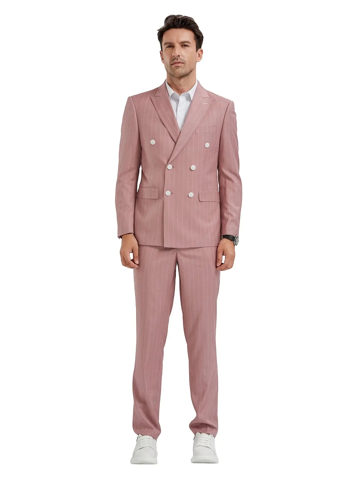 M & R Clothing pink pinstripe slim fit double-breasted suit with peak lapels worn by a male model.