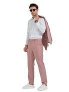 M & R Clothing pink pinstripe slim fit suit with double-breasted jacket worn over white shirt and sneakers