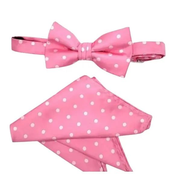 M & R Clothing Stacy Adams pink polka dot pre-tied bow tie and matching pocket square set for formal events