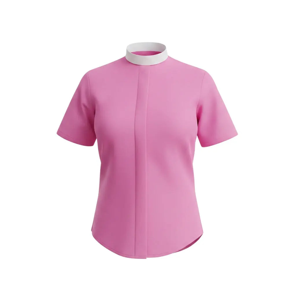 M & R Clothing ladies short sleeve pink clergy shirt with a traditional white full roman collar for ministry.