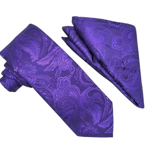 M & R Clothing Stacy Adams purple paisley necktie and matching pocket square set for formal men's attire