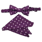 M & R Clothing purple polka dot pre-tied bow tie and matching pocket square set for formal men's attire