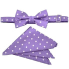 M & R Clothing Stacy Adams purple polka dot pre-tied bow tie and matching pocket square set for formal events