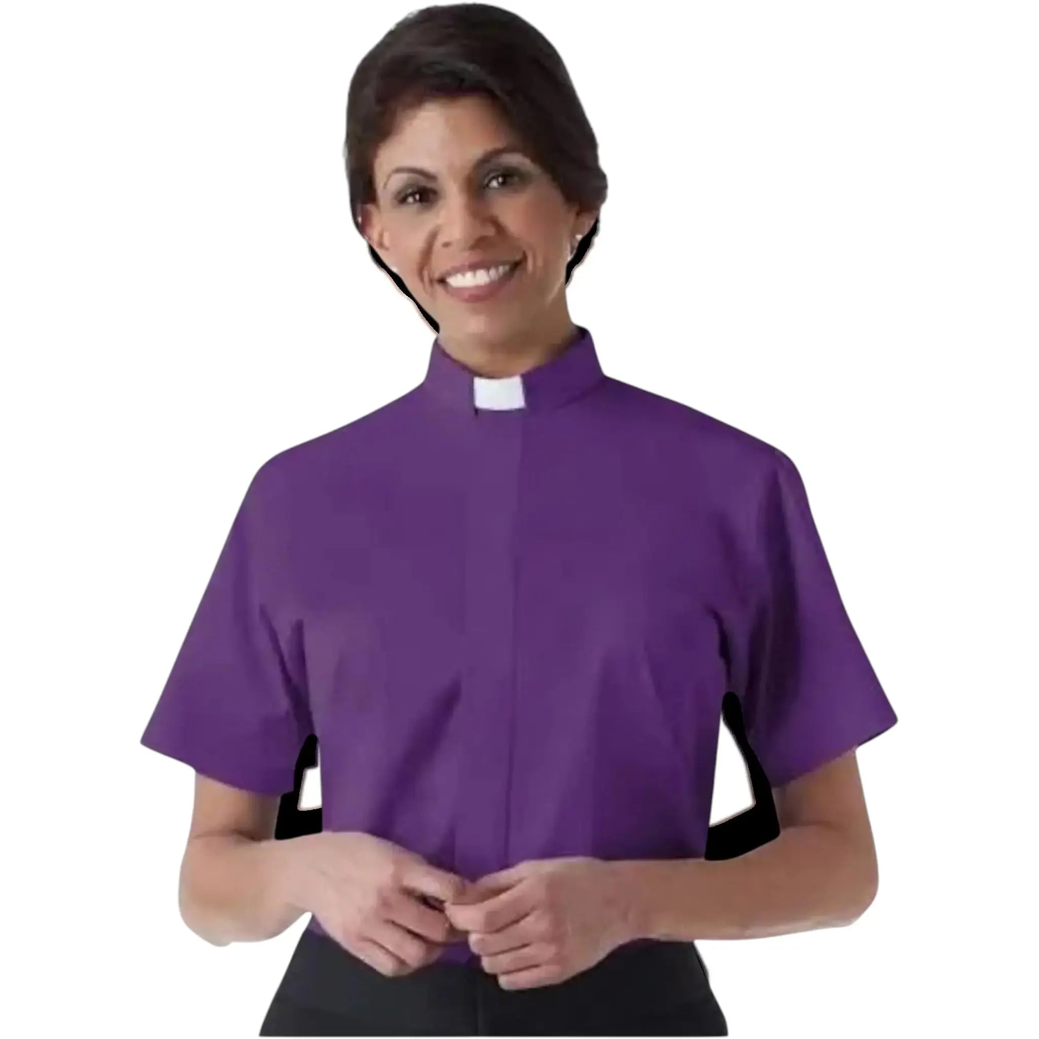 A woman wearing a purple M & R Clothing short sleeve clergy shirt with a white tab collar for ministry.