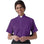 A woman wearing a purple M & R Clothing short sleeve clergy shirt with a white tab collar for ministry.