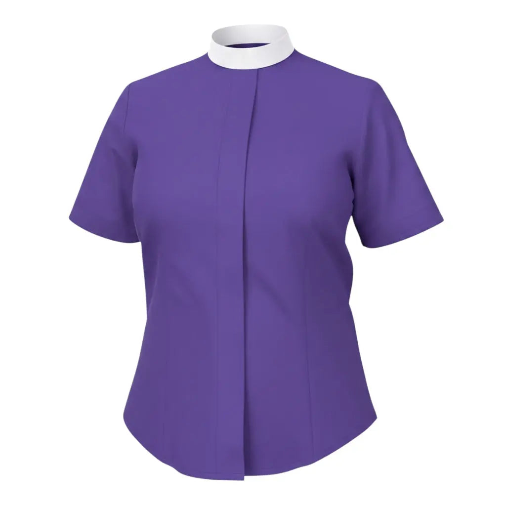 M & R Clothing purple short sleeve clergy shirt for women featuring a traditional white full Roman collar design.
