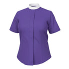 M & R Clothing purple short sleeve clergy shirt for women featuring a traditional white full Roman collar design.