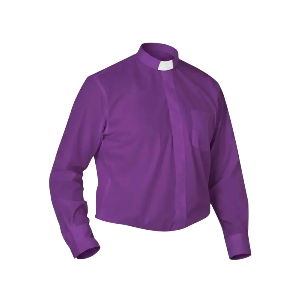 M & R Clothing purple long sleeve clergy shirt with a white tab collar for a formal and dignified appearance.