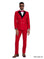 M & R Clothing Tazzio red double-breasted suit with black satin peak lapels and gold buttons worn by a male model.