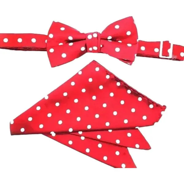M & R Clothing Stacy Adams red polka dot pre-tied bow tie and matching pocket square set for formal events