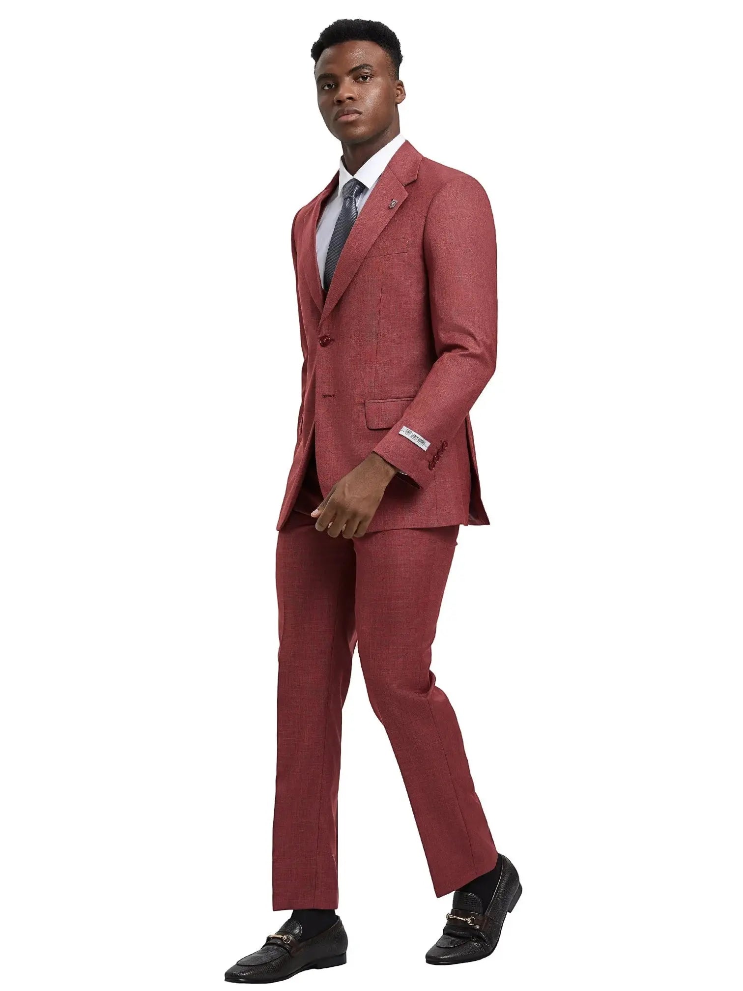 Model wearing a red Stacy Adams sharkskin 3-piece suit with a white shirt, grey tie, and black loafers from M & R Clothing