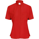 M & R Clothing red short sleeve clergy shirt for women featuring a classic tab collar and a polished tailored fit.
