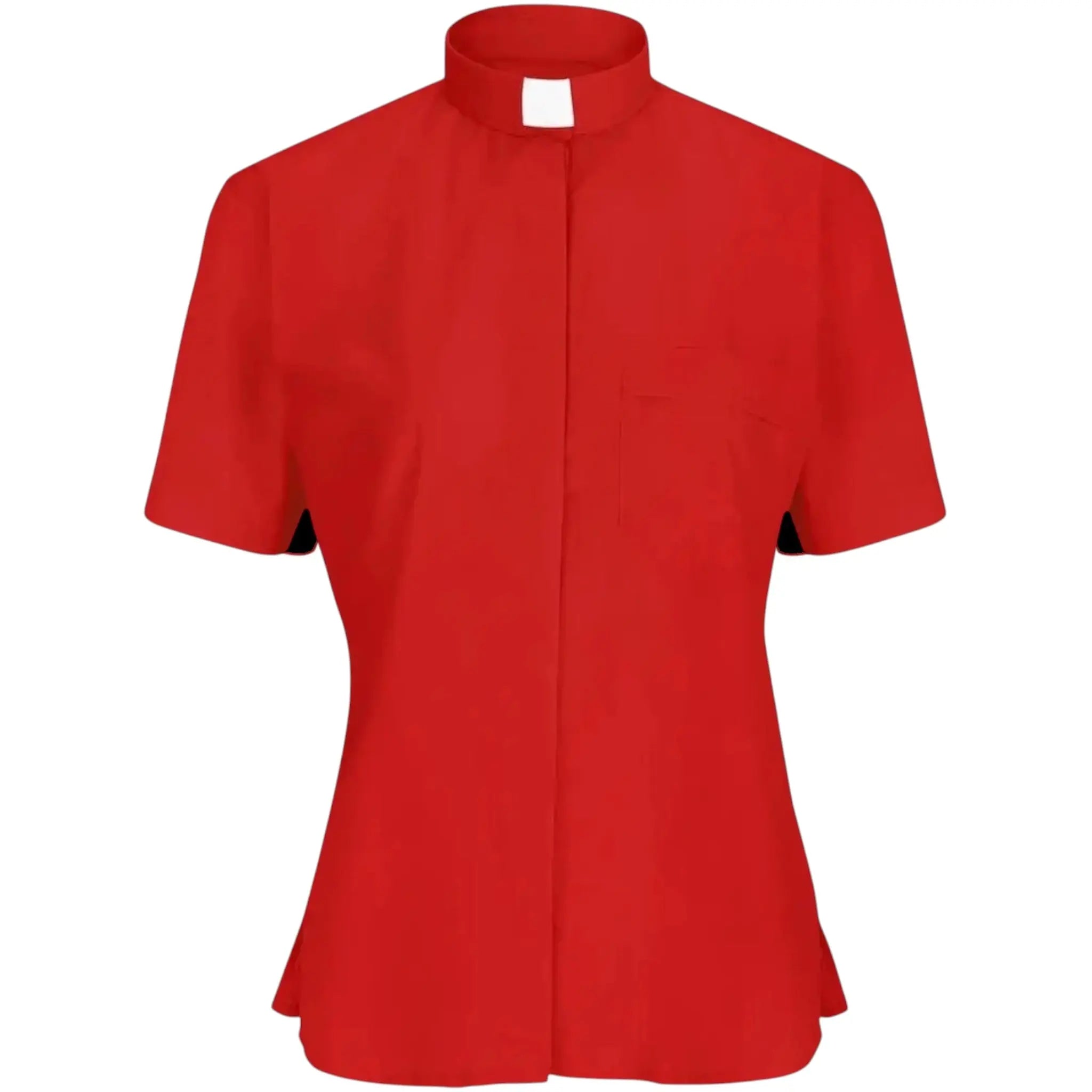M & R Clothing red short sleeve clergy shirt for women featuring a classic tab collar and a polished tailored fit.