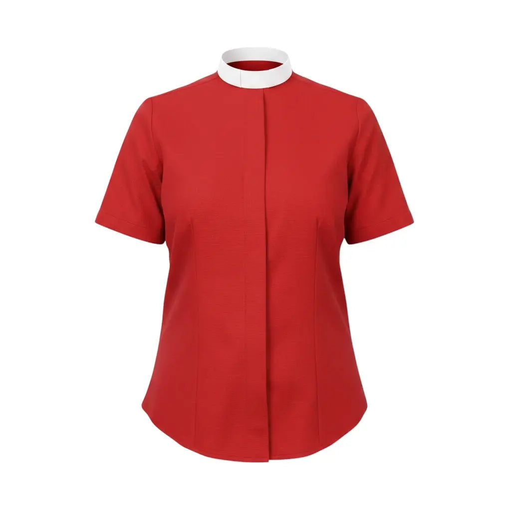 M & R Clothing red short sleeve clergy shirt for women featuring a traditional white full Roman collar