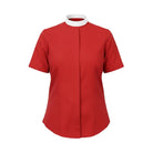 M & R Clothing red short sleeve clergy shirt for women featuring a traditional white full Roman collar