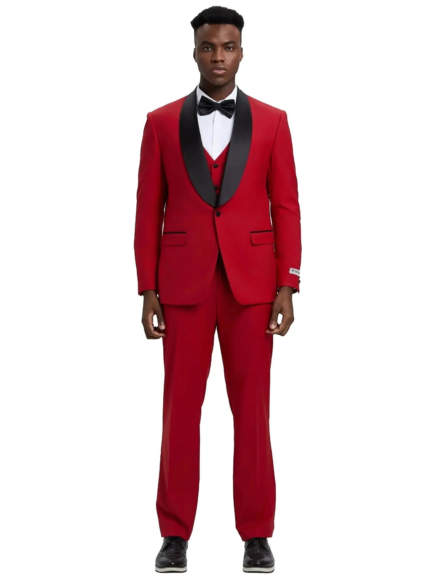 Model wearing a red M & R Clothing Stacy Adams 3-piece tuxedo with a black satin shawl collar and matching vest.