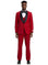 Model wearing a red M & R Clothing Stacy Adams 3-piece tuxedo with a black satin shawl collar and matching vest.