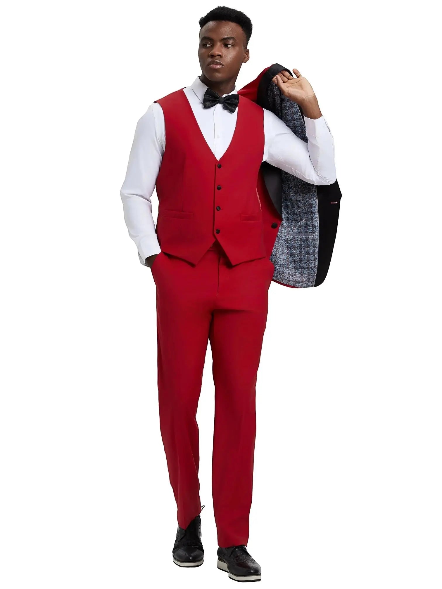 Model wearing a red M & R Clothing Stacy Adams 3-piece tuxedo set with a white shirt, bow tie, and vest.