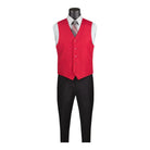 M & R Clothing red single-breasted suit vest worn over a light dress shirt and tie on a mannequin
