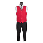 M & R Clothing red single-breasted suit vest worn over a light dress shirt and tie on a mannequin