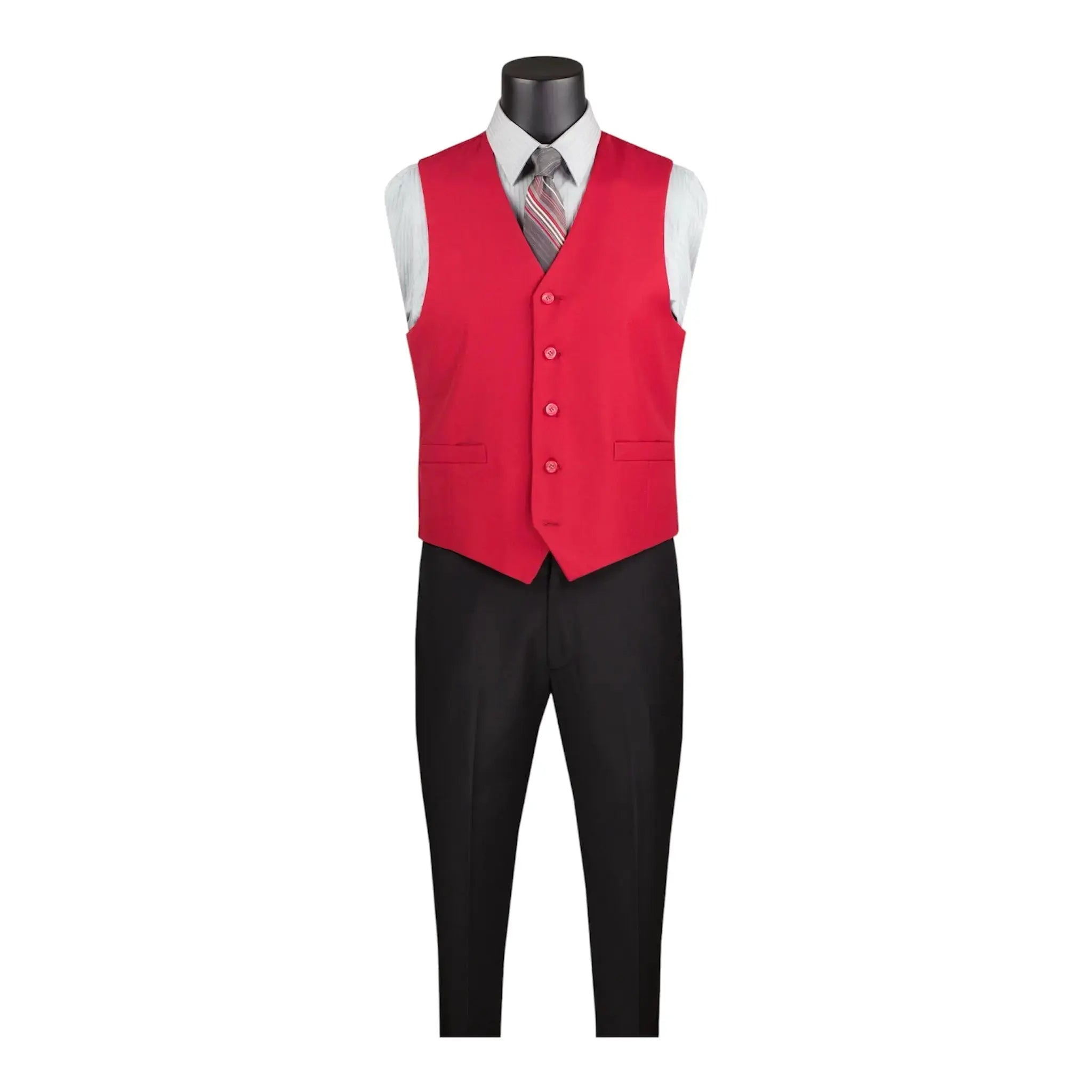 M & R Clothing red single-breasted suit vest worn over a light dress shirt and tie on a mannequin