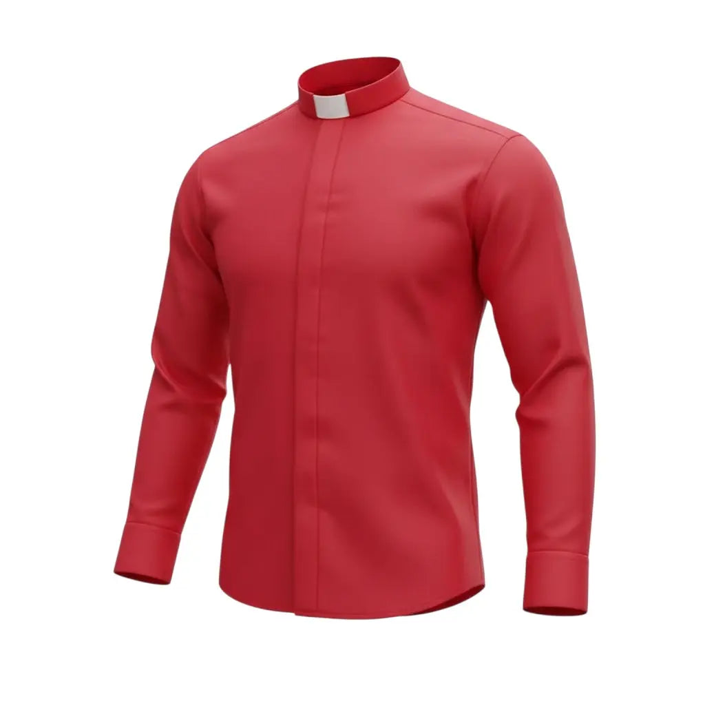M & R Clothing red long-sleeve clergy shirt with a classic white tab collar for a formal, structured appearance.