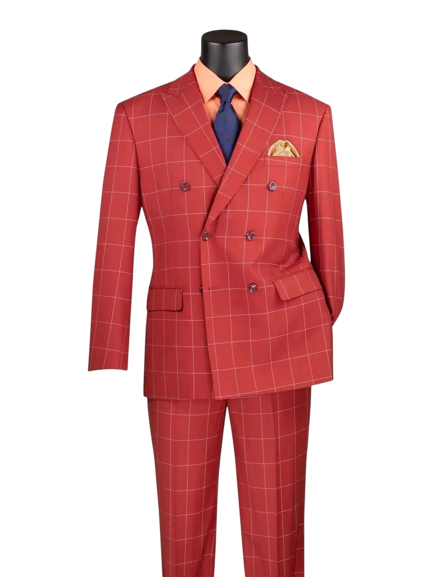M & R Clothing red double-breasted suit with a white window pane pattern, peak lapels, and a modern tailored fit.