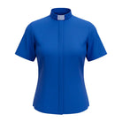 M & R Clothing royal blue short sleeve clergy shirt for women featuring a classic tab collar for ministry wear.