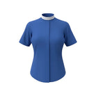 M & R Clothing royal blue short sleeve clergy shirt for women featuring a traditional white full Roman collar