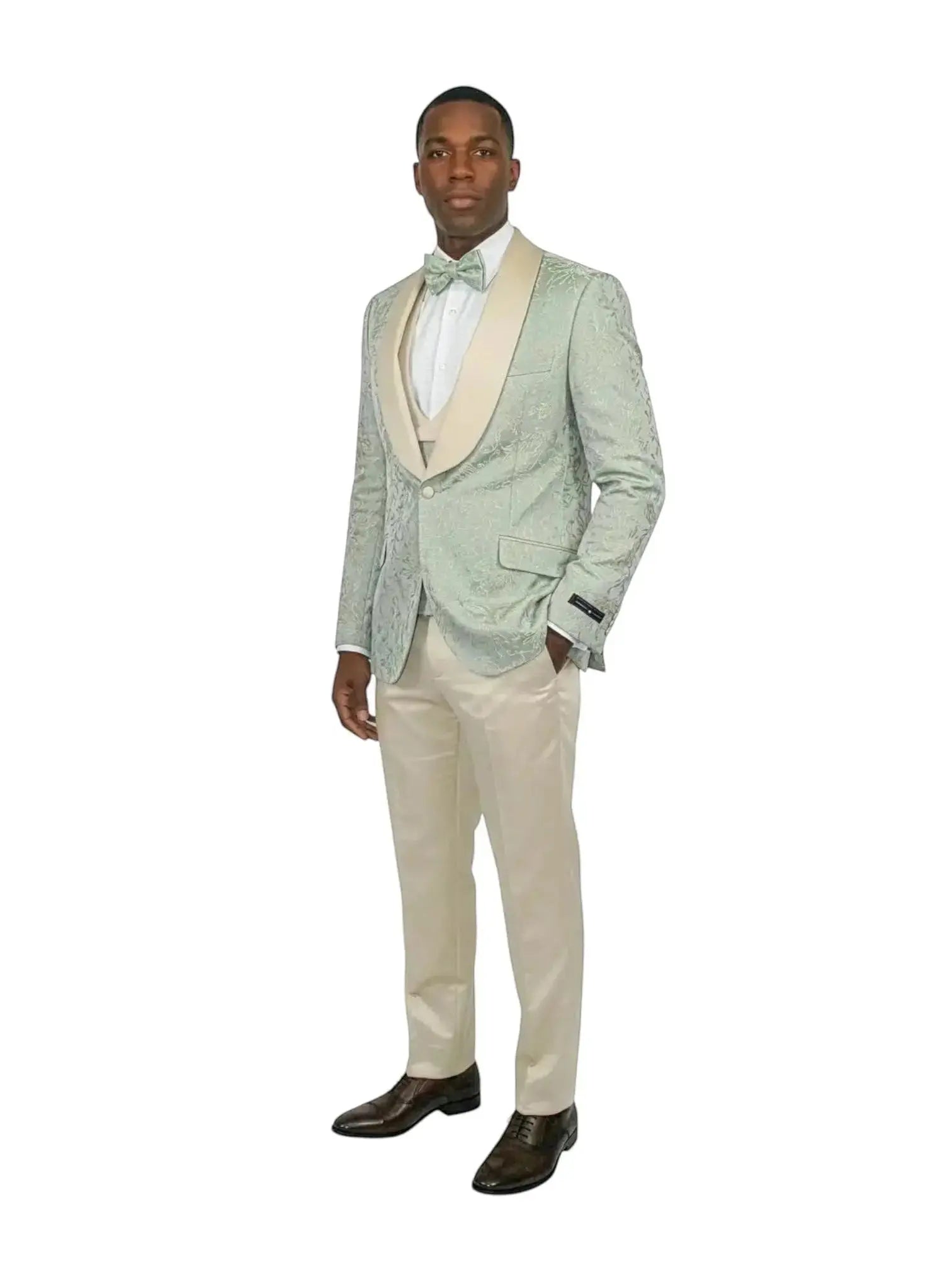 M & R Clothing sage jacquard 3-piece tuxedo suit with a champagne satin shawl collar, vest, and matching bowtie.