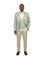 Model wearing a M & R Clothing 3-piece sage jacquard tuxedo with a double-breasted vest and satin shawl collar.