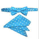 M & R Clothing Stacy Adams aqua blue polka dot pre-tied bow tie and matching pocket square set for formal wear.