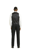 Back view of a man wearing a M & R Clothing Stacy Adams black 3-piece suit with a vest and dress trousers.