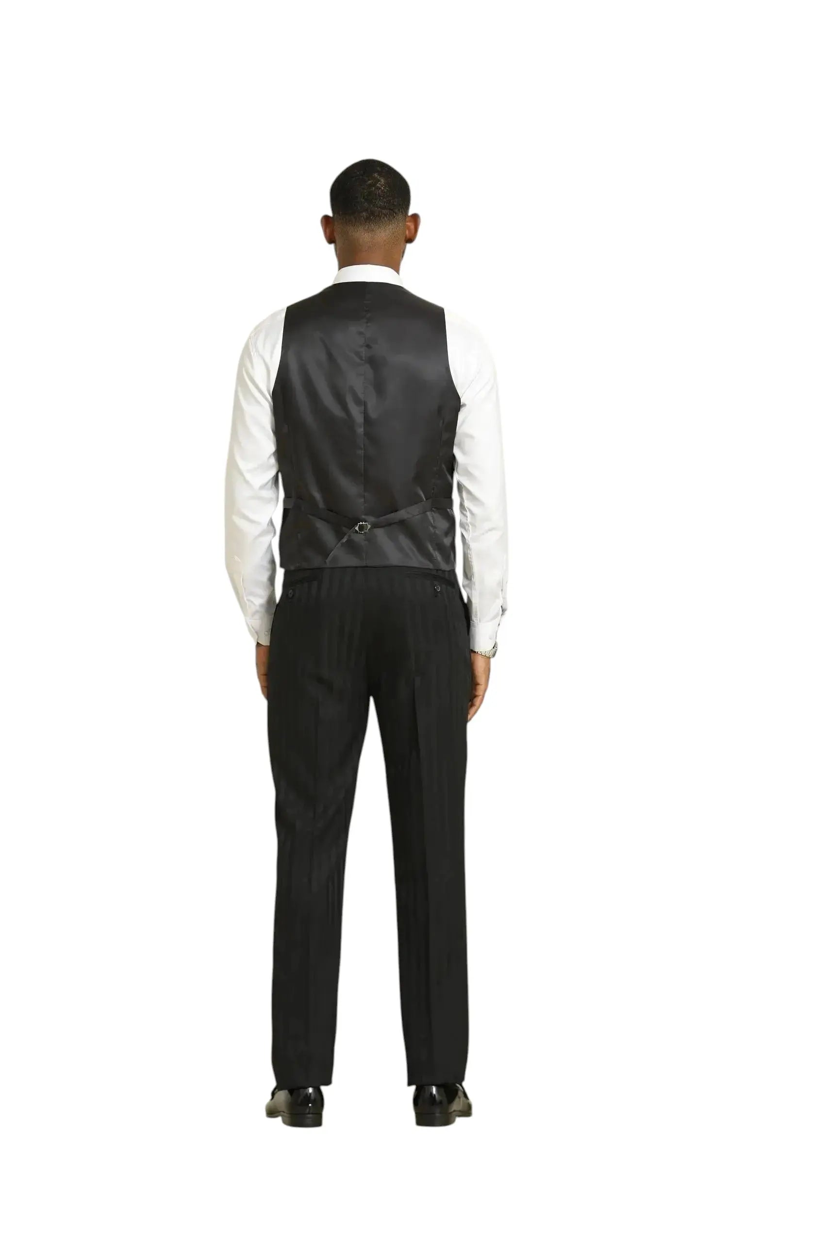 Back view of a man wearing a M & R Clothing Stacy Adams black 3-piece suit with a vest and dress trousers.