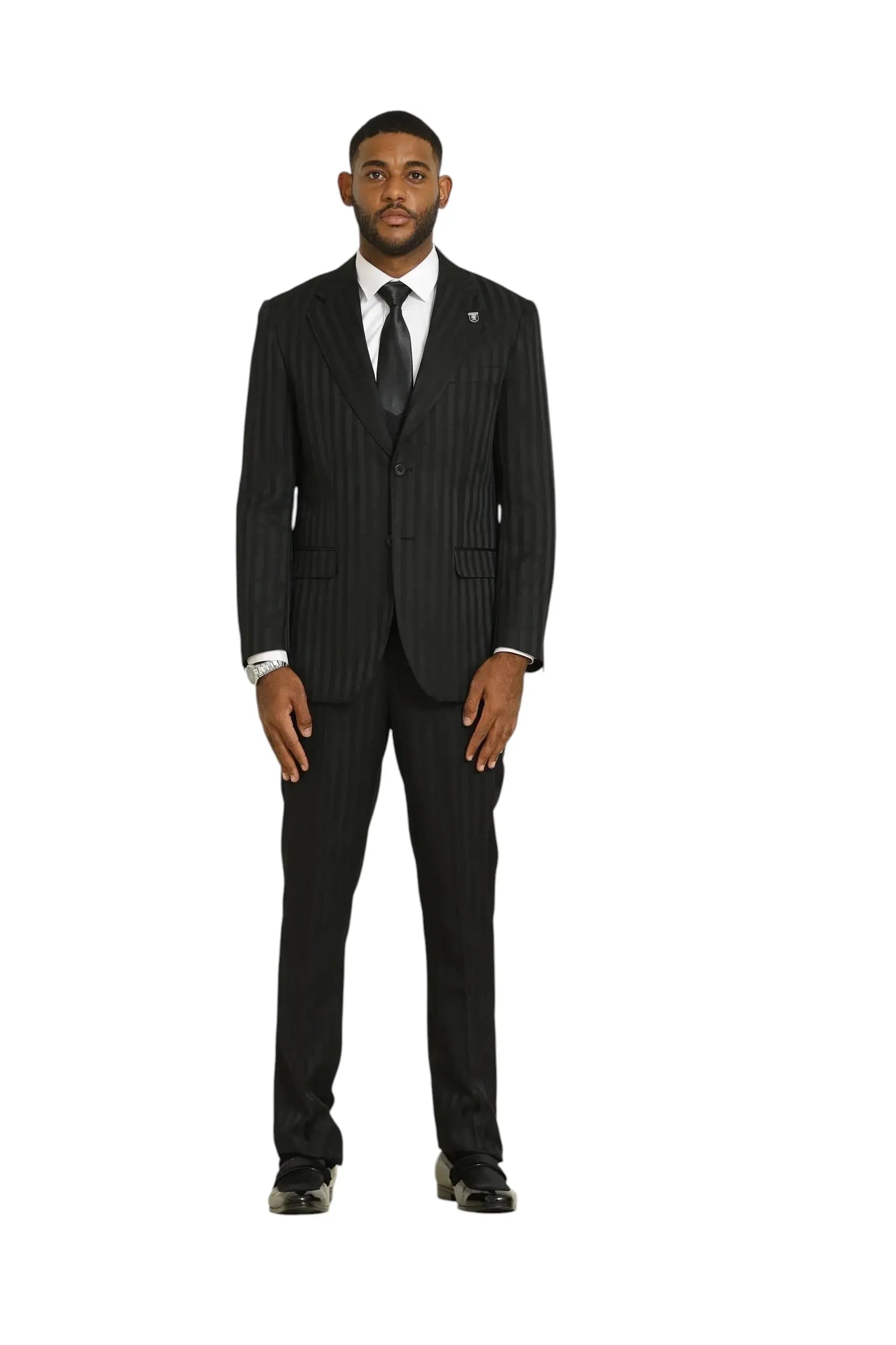 Model wearing a black Stacy Adams 3-piece suit with tone-on-tone pinstripes, white shirt, and black tie from M & R Clothing