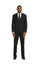 Model wearing a black Stacy Adams 3-piece suit with tone-on-tone pinstripes, white shirt, and black tie from M & R Clothing