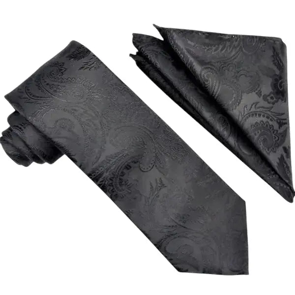 M & R Clothing Stacy Adams black paisley necktie and matching pocket square set for formal occasions