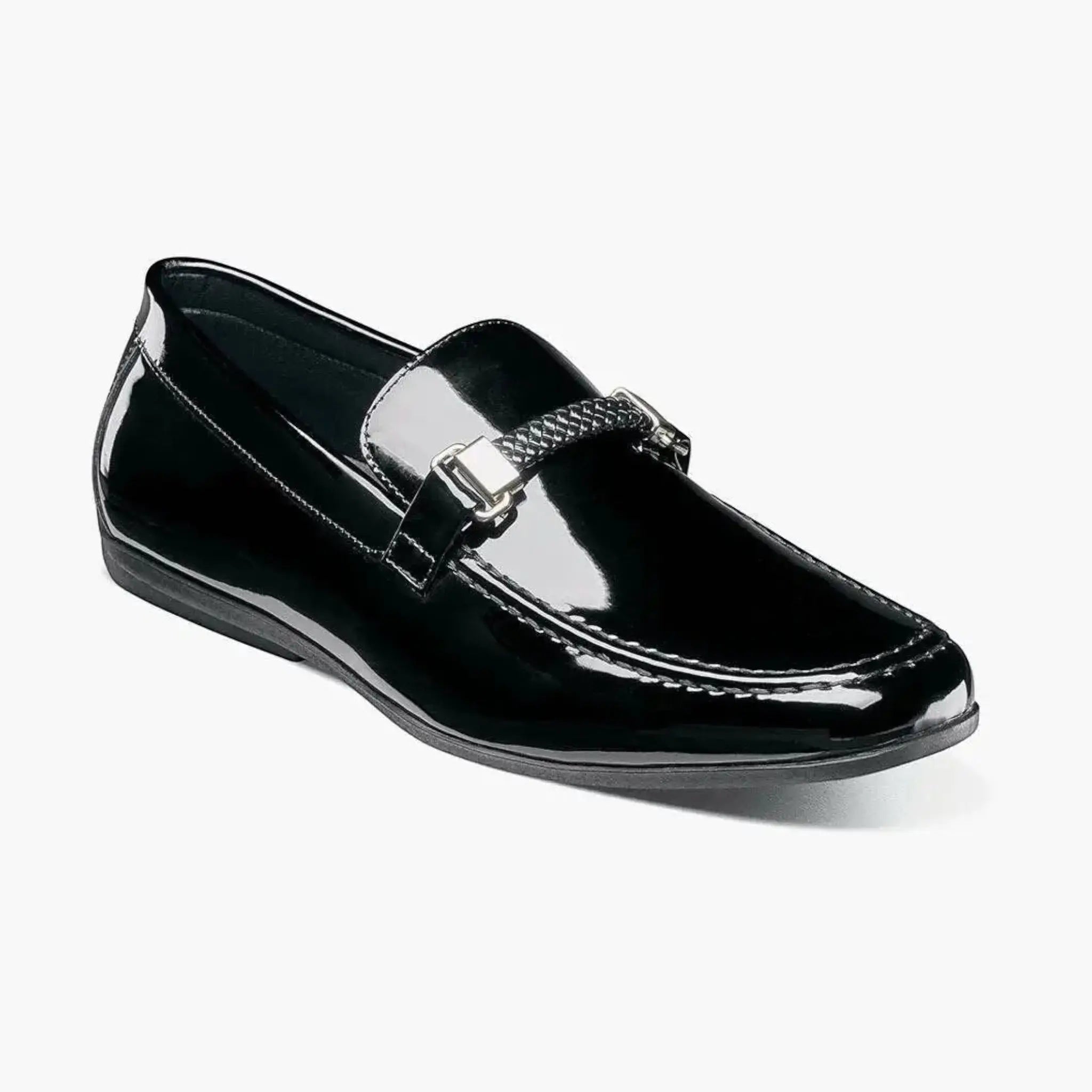 M & R Clothing Stacy Adams Sheridan black patent leather driver slip-on with silver horsebit hardware detail.