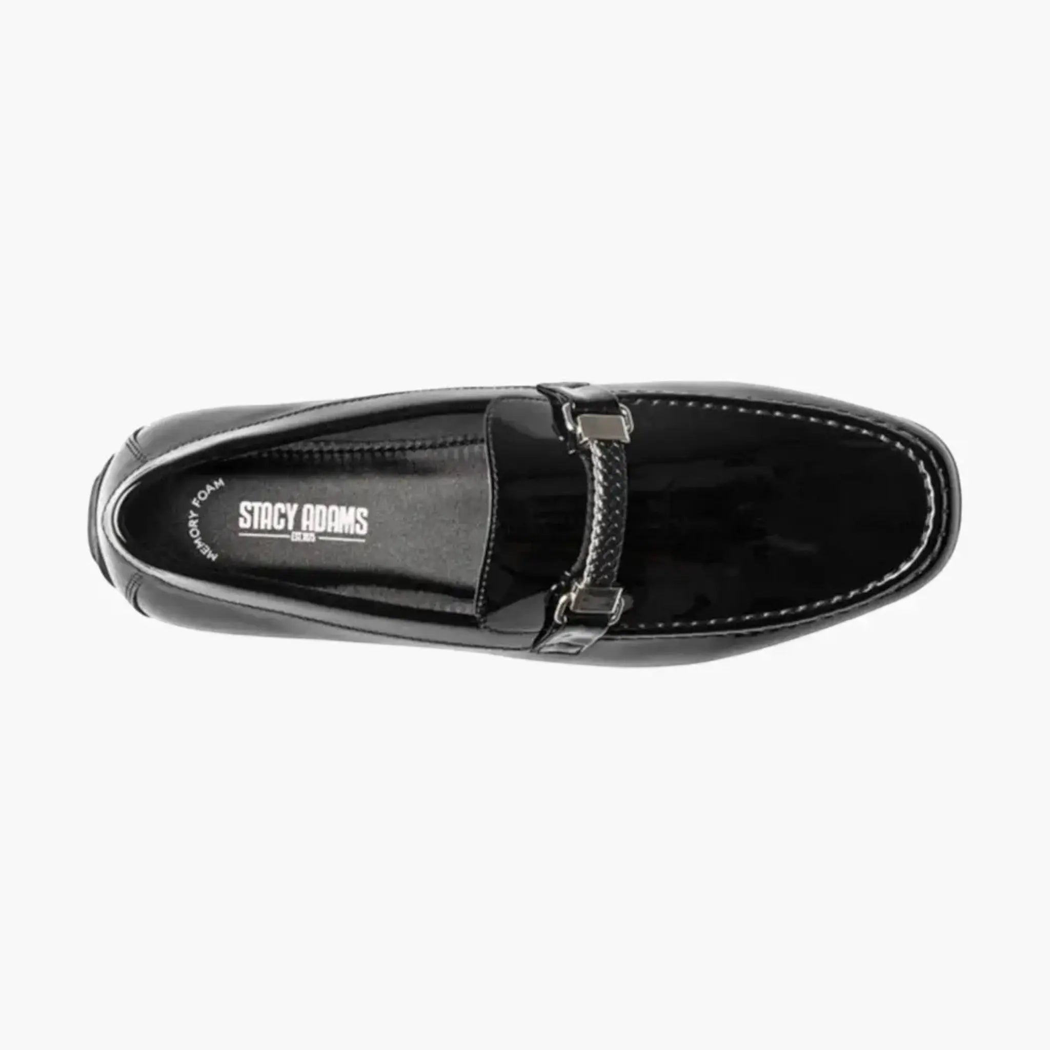 M & R Clothing Stacy Adams Sheridan black patent leather driver slip-on shoe with silver horsebit hardware top view