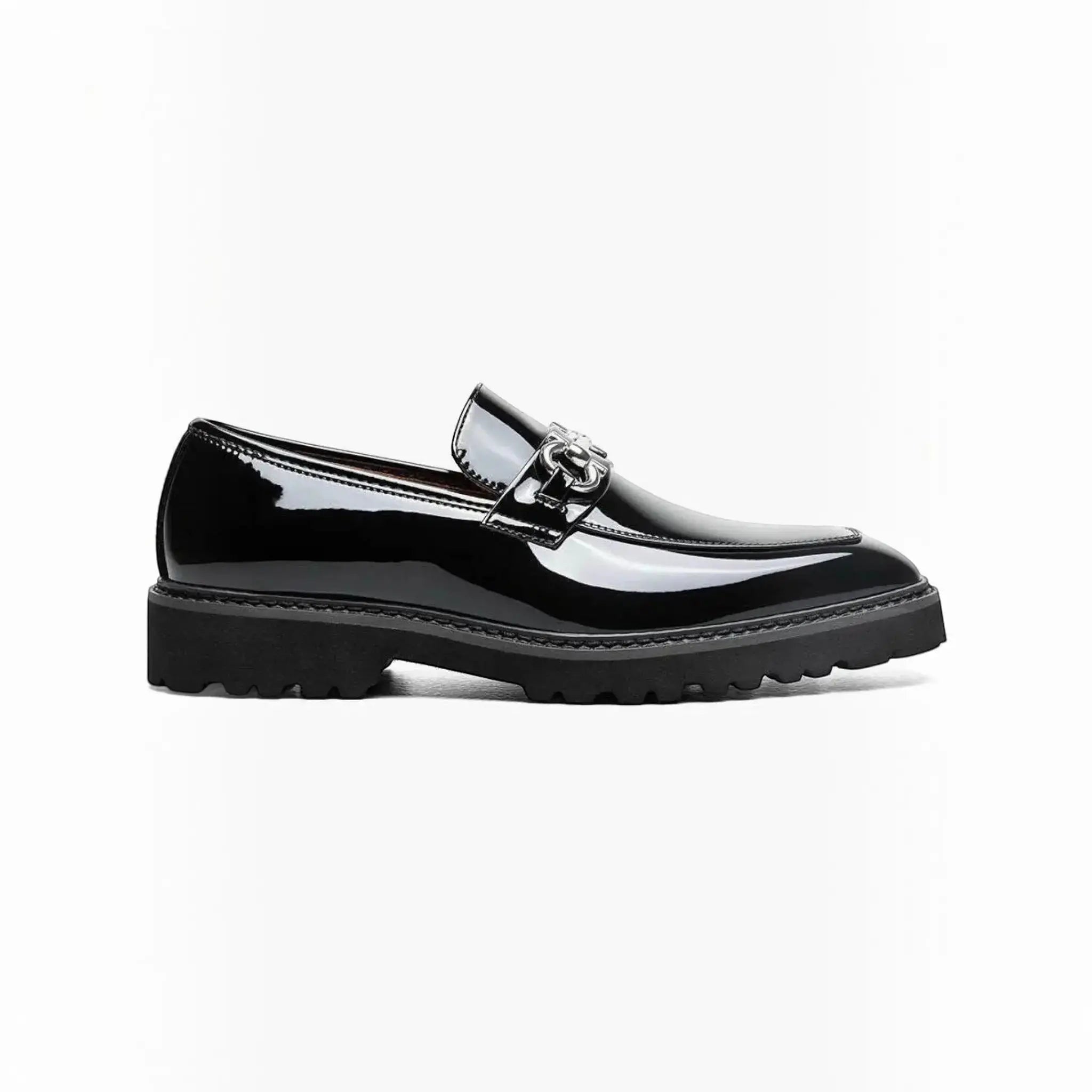 M & R Clothing Stacy Adams Carabello black patent leather slip-on loafer with silver-tone horsebit and lug sole.